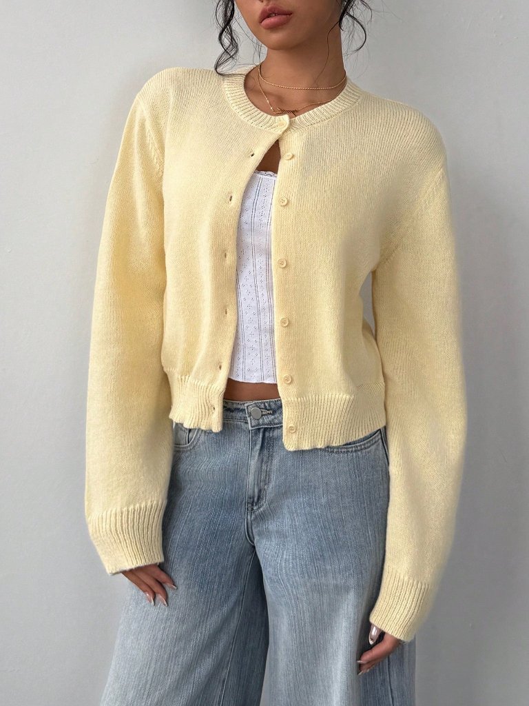 Yellow Casual Women's Round Neck Long Sleeve Cropped Button Down Knit Cardigan